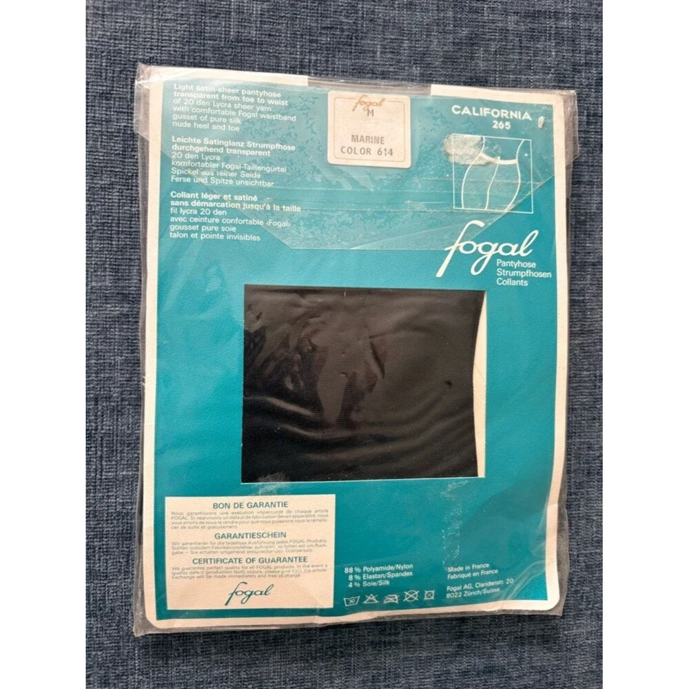 VTG NWT Fogal California 265 Blue Sheer Satin Silk Pantyhose Size M France